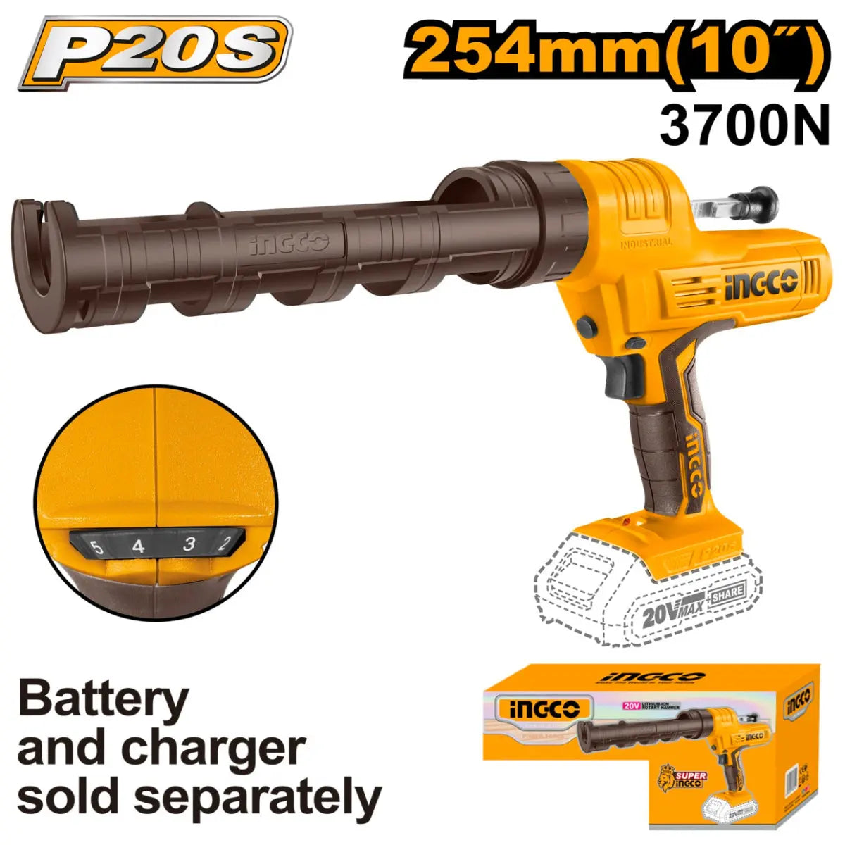 Ingco - Caulking Gun - 20 volt - cordless - CCGLI2001 - Bare Tool - Power Tools Direct