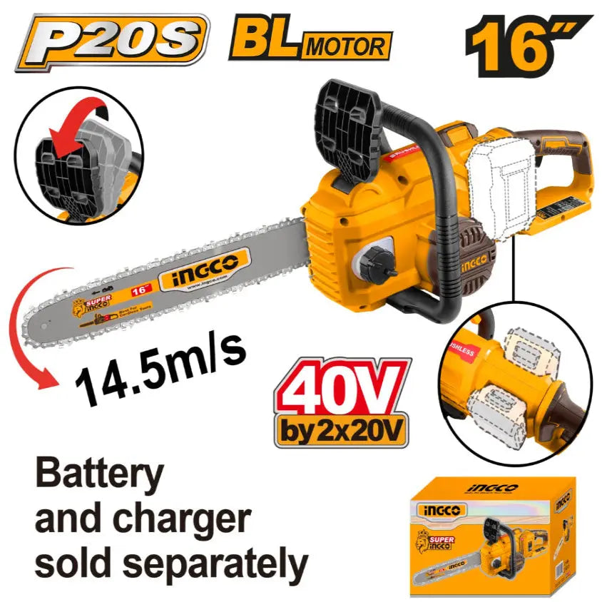 Ingco - 16"(400mm) - Chain Saw - 40 volt cordless - CGSLI40168 - Bare Tool - Power Tools Direct