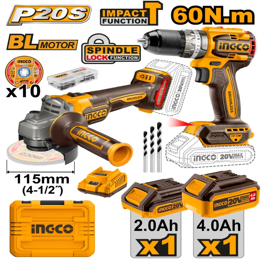 Ingco - 115mm Angle Grinder And Cordless Drill- 20 volt - Cordless - CKLI20273 - Kit - Power Tools Direct