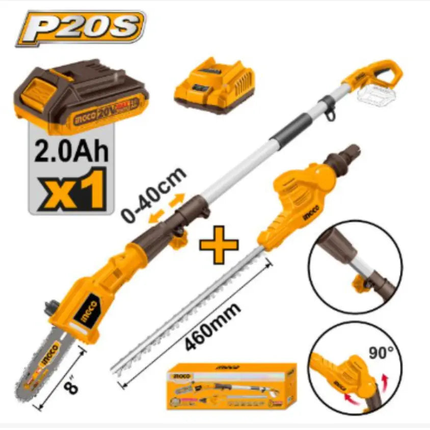 Ingco - Pole Saw With Pole Hedge Trimmer - 20 volt - cordless - CPTS201681 - Kit - Power Tools Direct