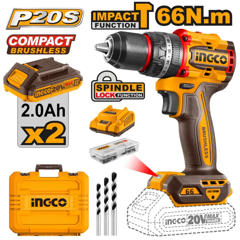 Ingco - Impact Drill - 66Nm - 20 volt - cordless - CIDLI20668 - Kit - Power Tools Direct