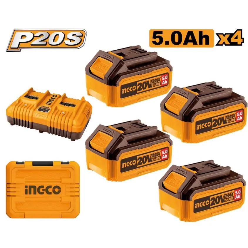Ingco - 4 x 5Ah - 20 volt - Batteries and 2 port Charger - FBCLI20245 - Kit - Power Tools Direct