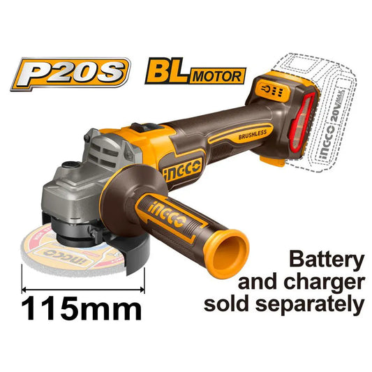 Ingco - 115mm Angle Grinder - 20 volt - cordless - CAGLI21154 - Bare Tool - Power Tools Direct