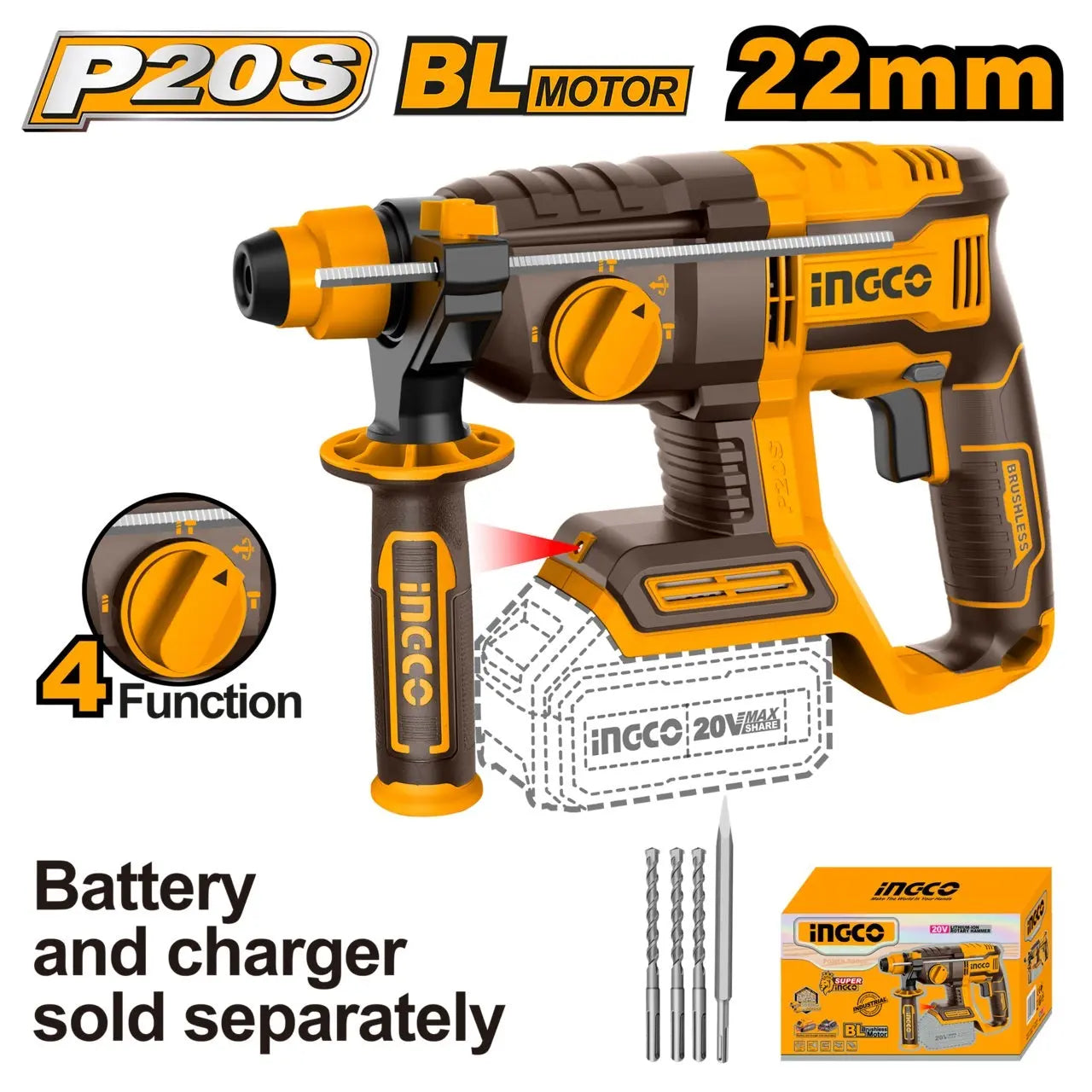 Ingco - Rotary Hammer Drill - SDS Plus - 20 volt - CRHLI20208 - Power Tools Direct
