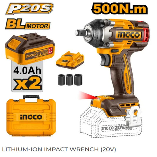 Ingco - Impact Wrench - 500Nm - 20 volt - cordless - CIWLI2050 - Kit - Power Tools Direct