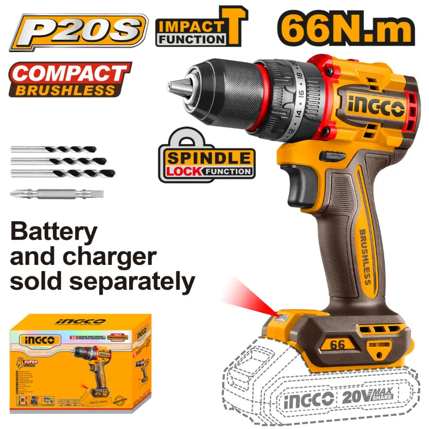 Ingco - Impact Drill - 66Nm - 20 volt - cordless - CIDLI206681 - Bare Tool - Power Tools Direct