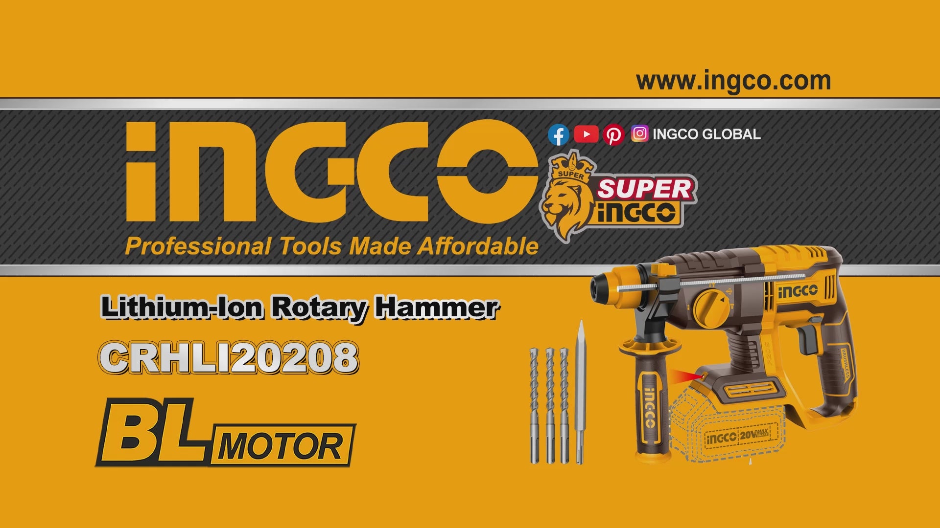 Ingco - Rotary Hammer Drill - SDS Plus - 20 volt - CRHLI20208 - Power Tools Direct-MP4