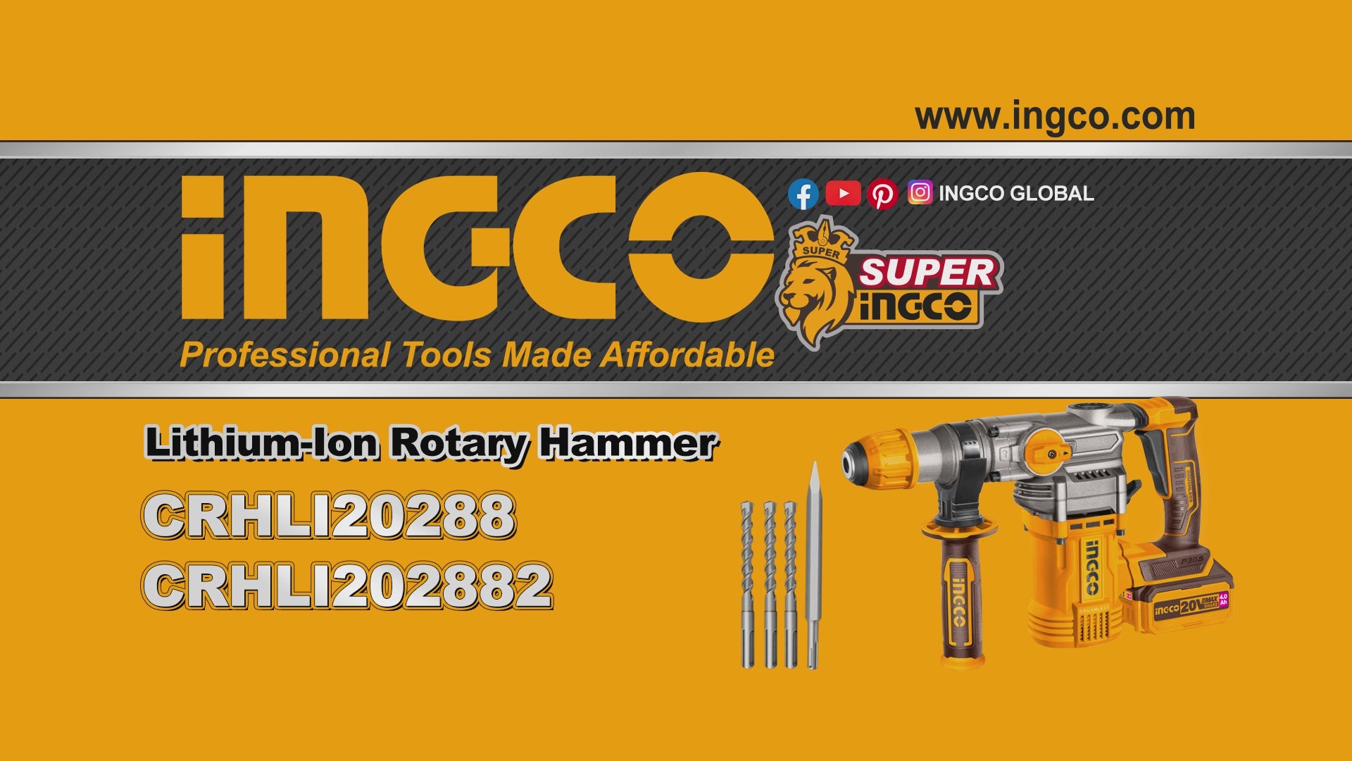Ingco - Rotary Hammer Drill - SDS Plus - 20 volt - CRHLI20288 - Bare Tool - Power Tools Direct-MP4